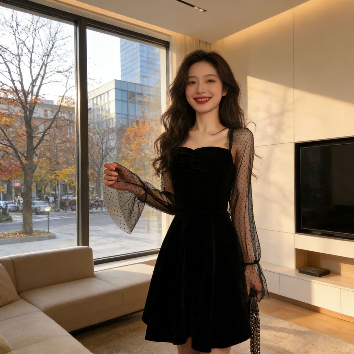 Korean-style Retro Elegant Chiffon-Sleeved A-line Dress by Ricaloux