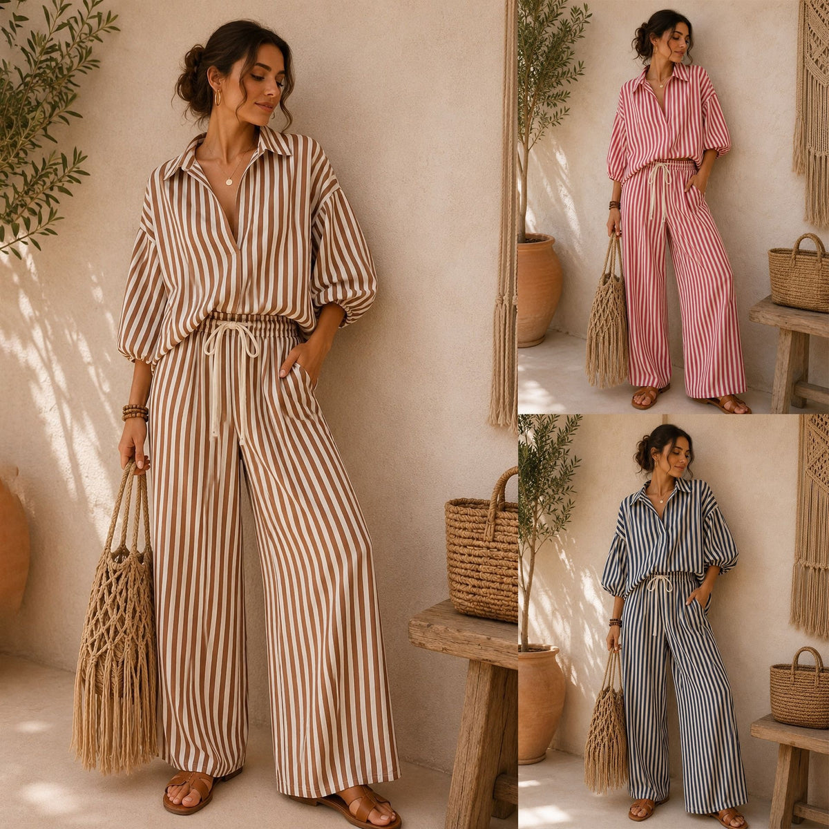 Fashionable Striped Lapel Shirt And Pants Womens Set by Ricaloux