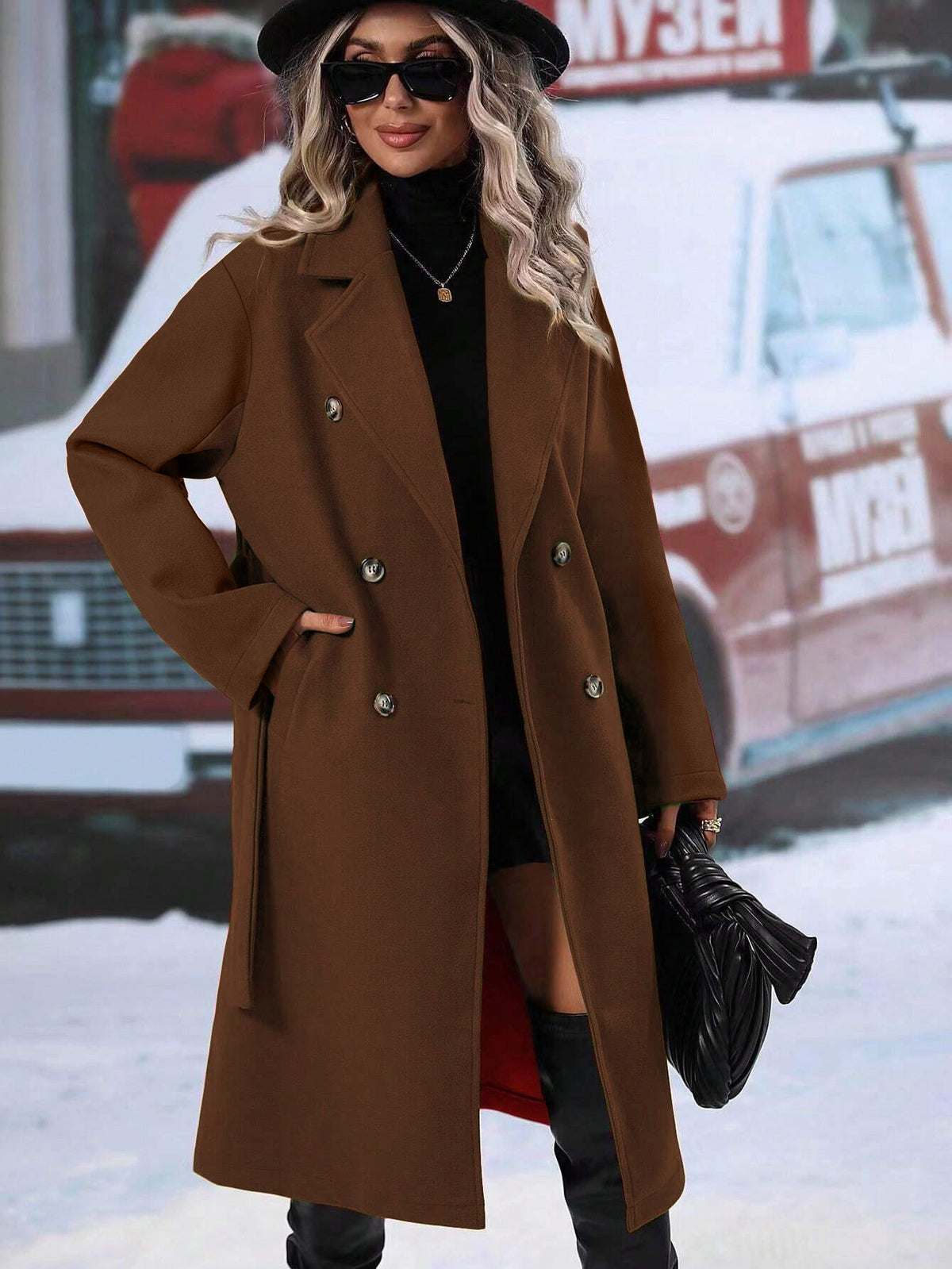 New Solid Color Lapel Thickened Woolen Coat, Long Double-breasted Jacket With Waist Tie For Spring by Ricaloux