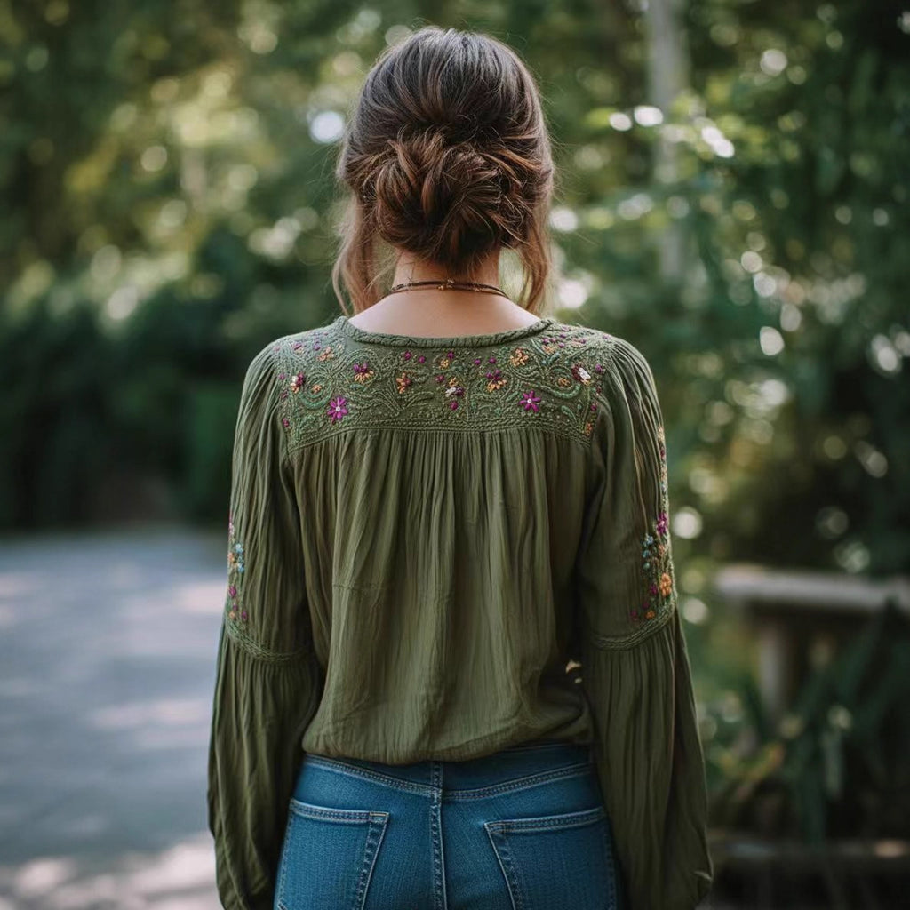 Ethnic-style Embroidered Floral Lantern-sleeve Loose-fitting Top by Ricaloux