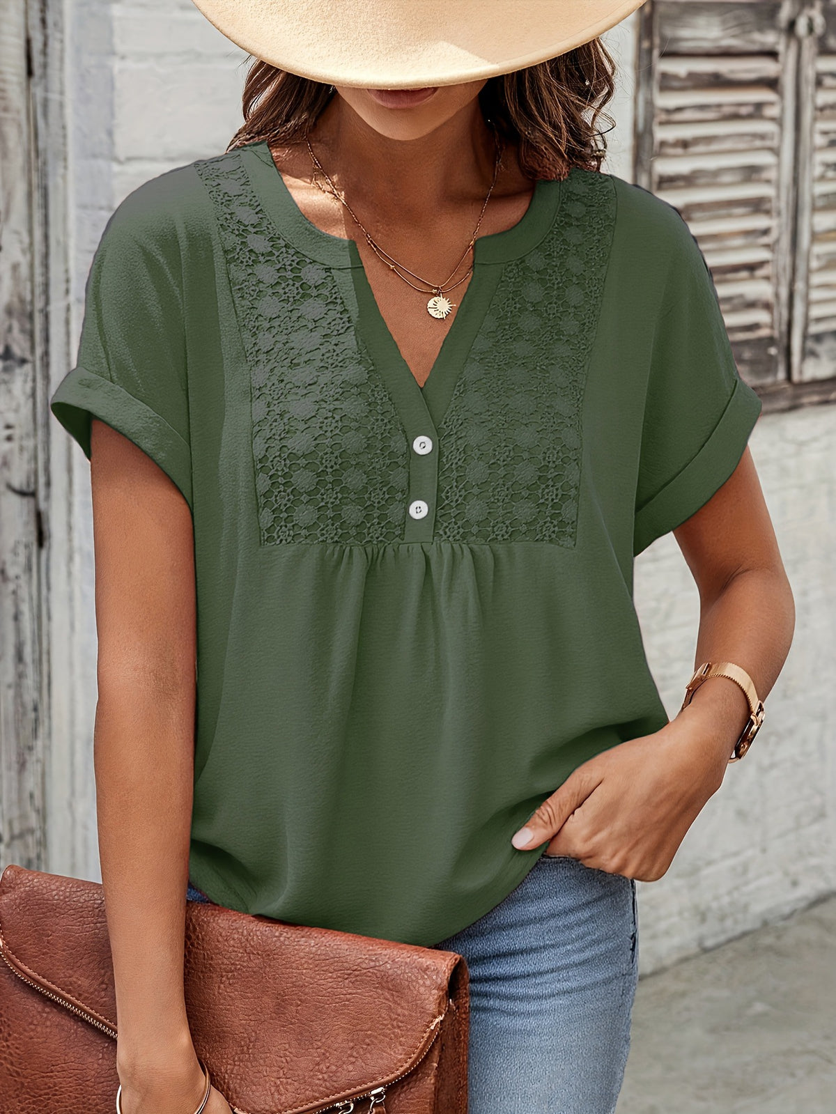 Womens Solid-Color Lace V-Neck Short-Sleeve Top With Buttons by Ricaloux
