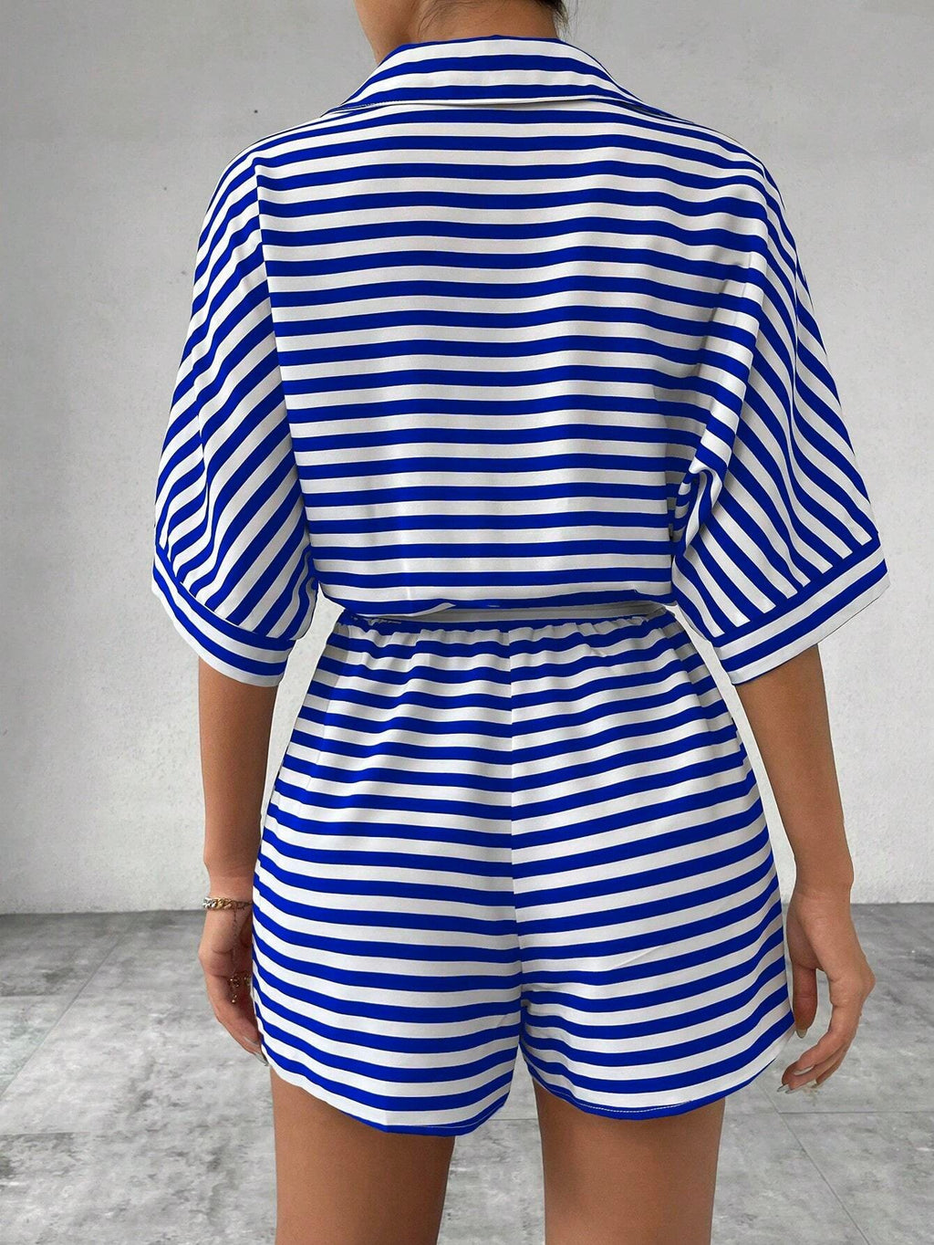 Women's Short Sleeve Striped Short Jumpsuit, Button Front Design With Waist Belt – Premium 4 | RICALOUX
