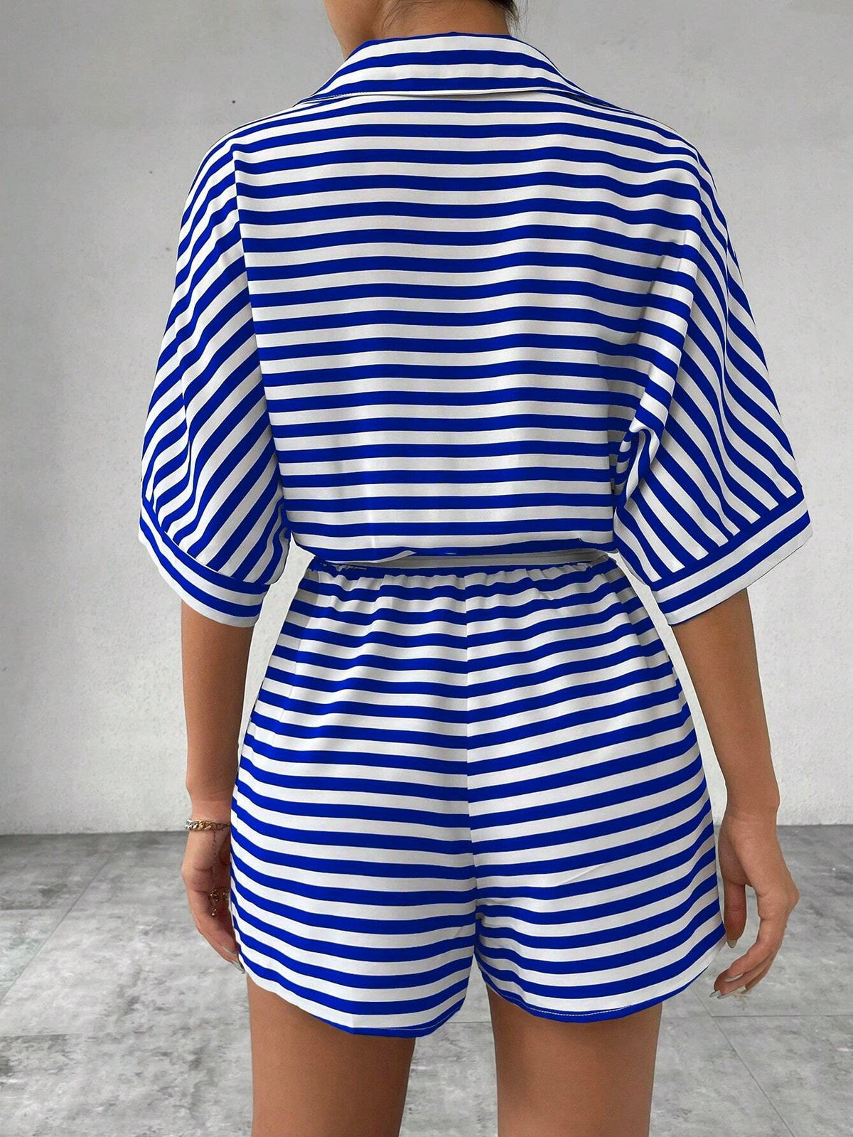 Women's Short Sleeve Striped Short Jumpsuit, Button Front Design With Waist Belt – Premium 4 | RICALOUX