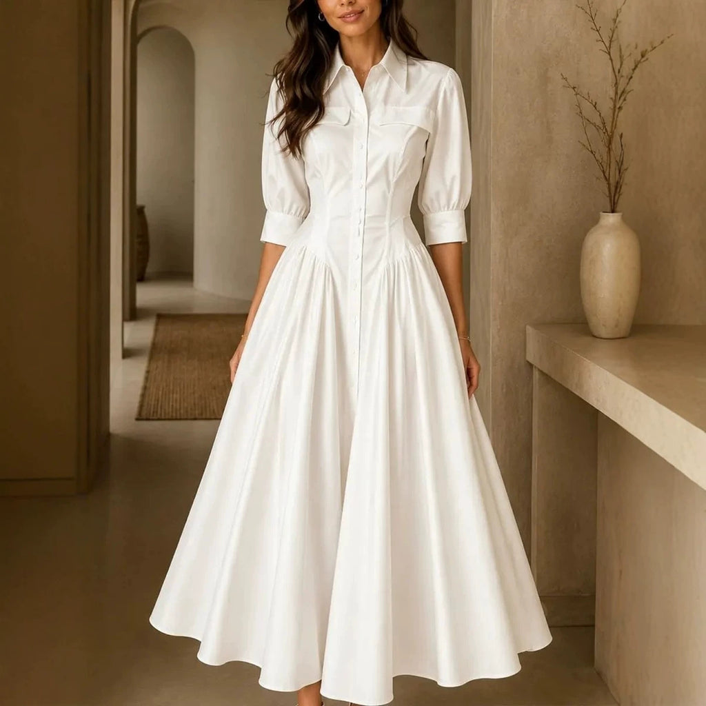 Cotton-linen Blend Single-breasted High-waisted Solid-color Dress by Ricaloux