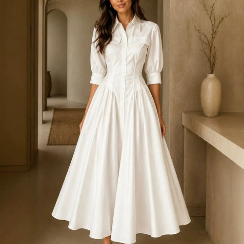 Cotton-linen Blend Single-breasted High-waisted Solid-color Dress by Ricaloux