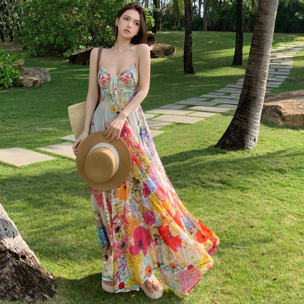 Floral-print Strap Dress Ethereal Long Skirt – Premium 0 | RICALOUX