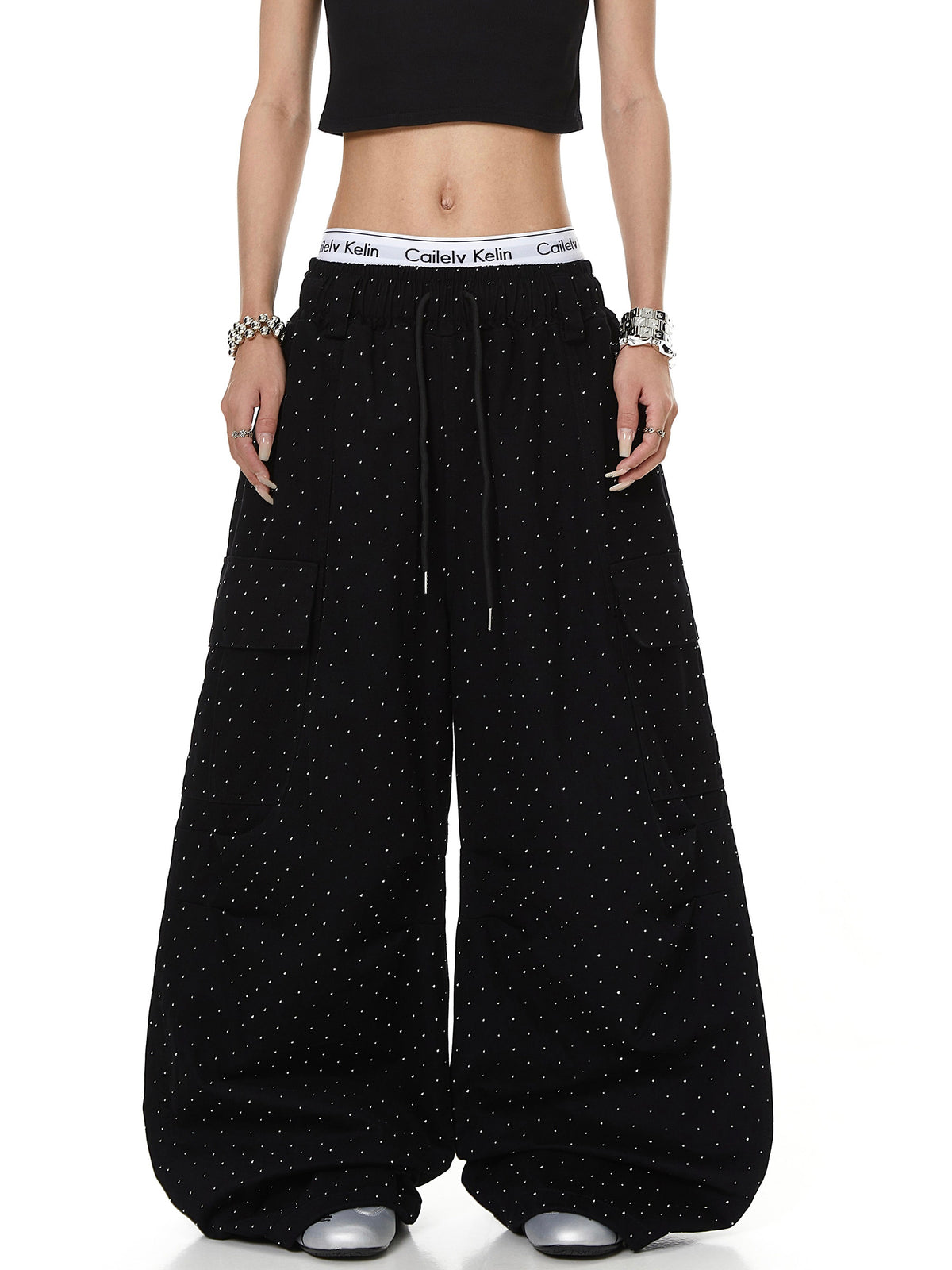 Star-studded Heat-transfer Rhinestone Pleated Multi-pocket Utility Pants – Premium 0 | RICALOUX