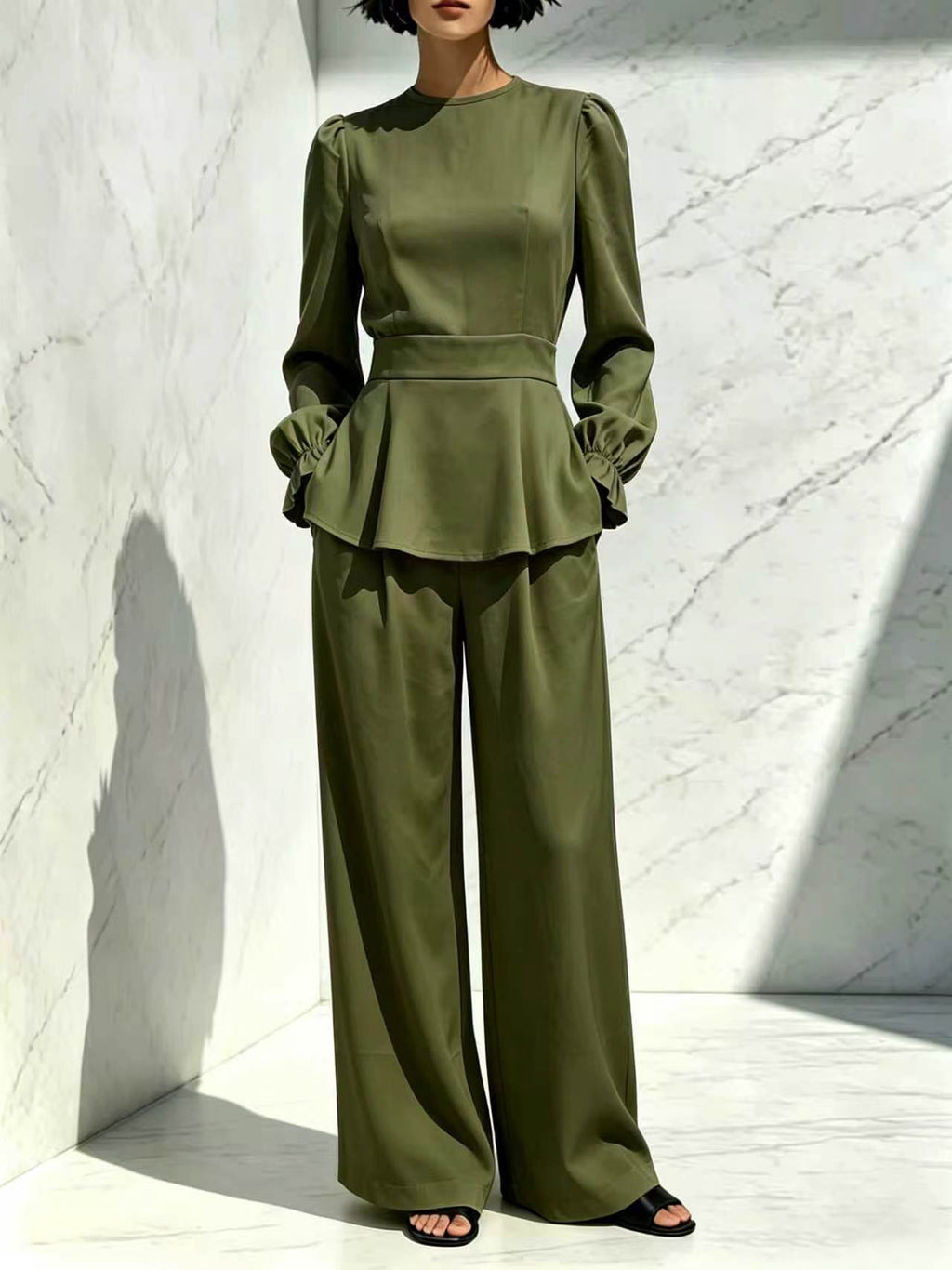 Fitted Waist Long-sleeve Pants Set by Ricaloux