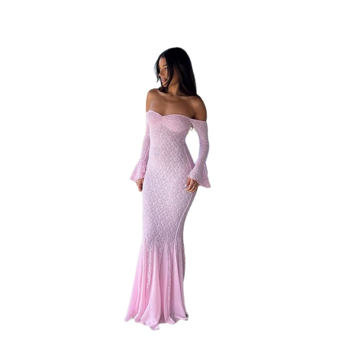 Womens One-shoulder Flared-sleeve Mermaid Dress by Ricaloux