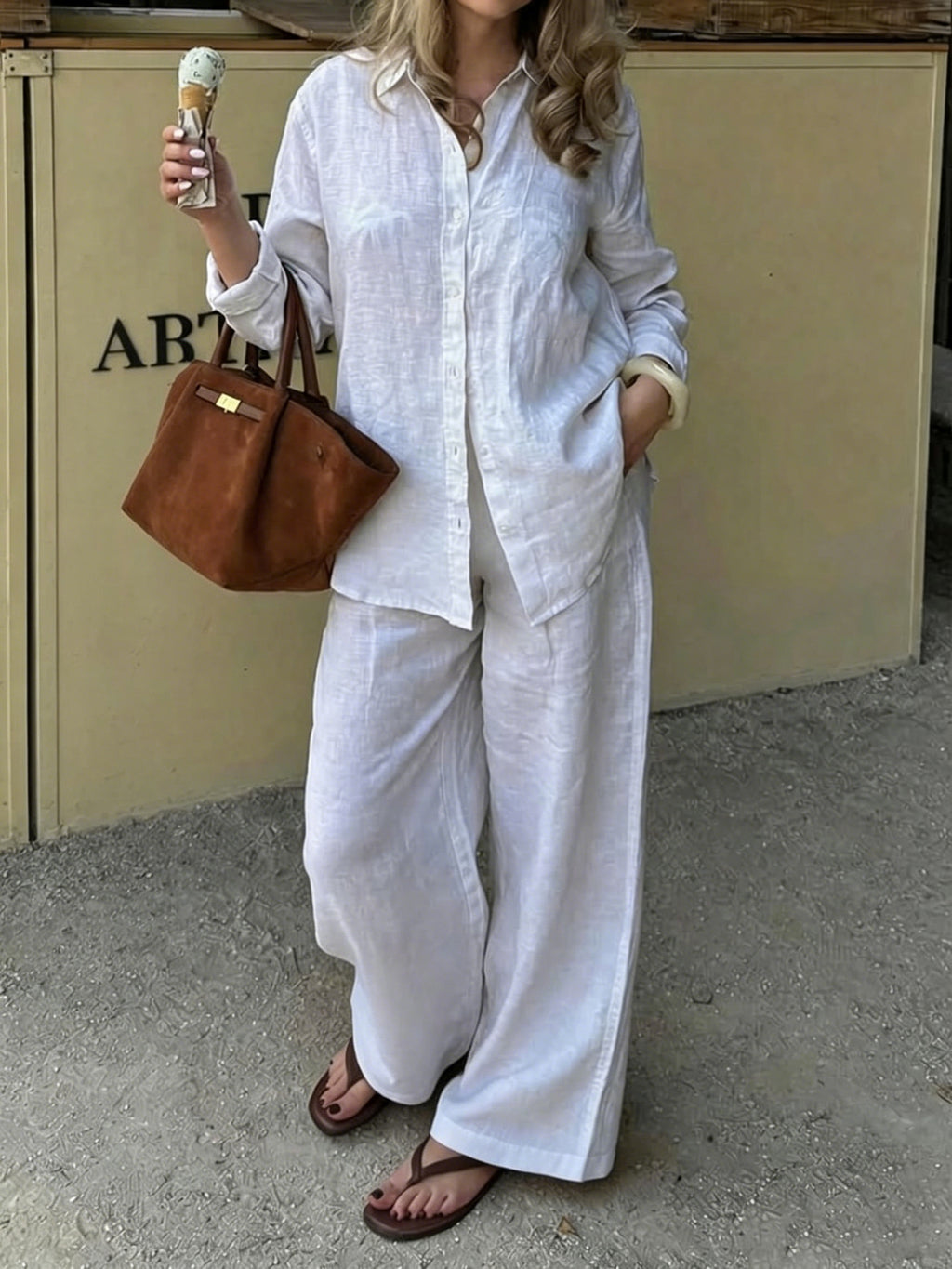 Simple Linen Two-piece Set With A Lapel And Long Sleeves by Ricaloux