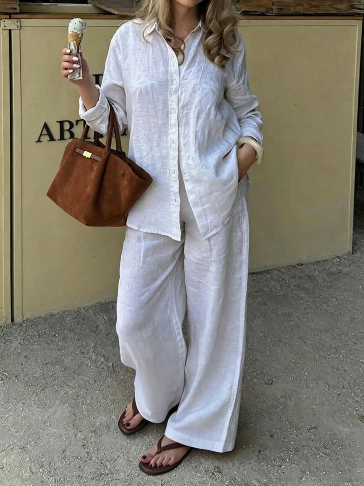 Simple Linen Two-piece Set With A Lapel And Long Sleeves by Ricaloux