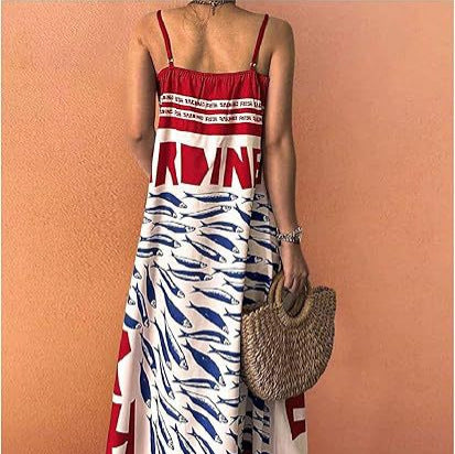 Small-fish Strap Printed New Long Dress One-piece Dress by Ricaloux