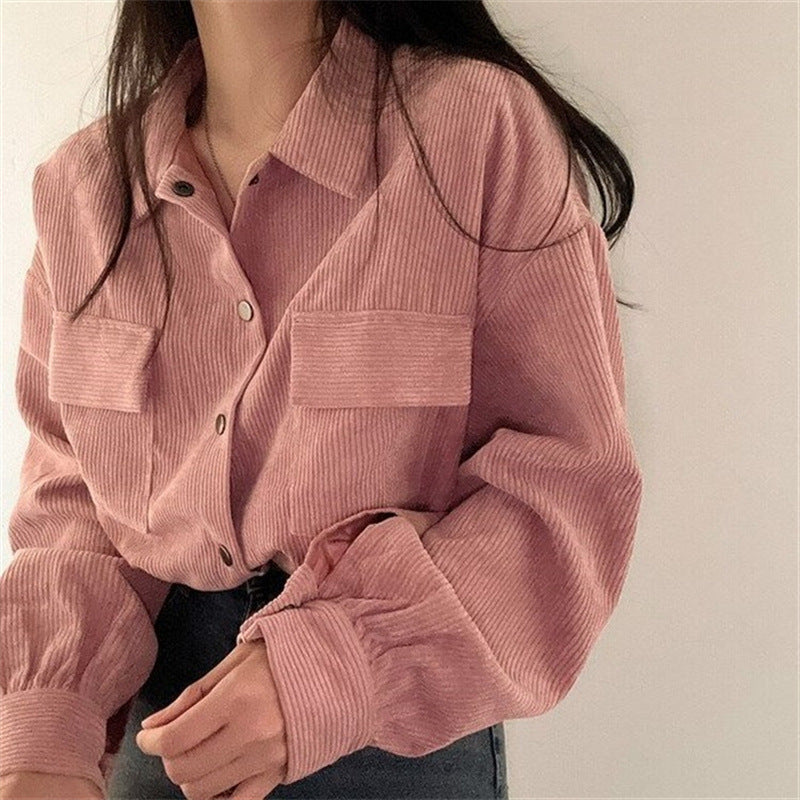 Notch-collar Cropped Drawstring Long-sleeve Shirt Corduroy Jacket – Premium 0 | RICALOUX