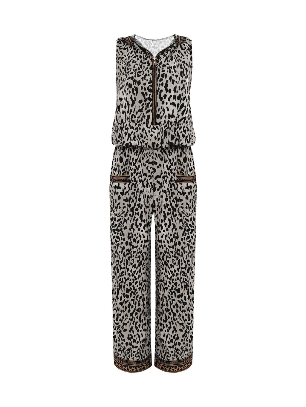 Summer Leopard Print Hooded Sleeveless Vest & Wide-Leg Pants Set With Pockets by Ricaloux