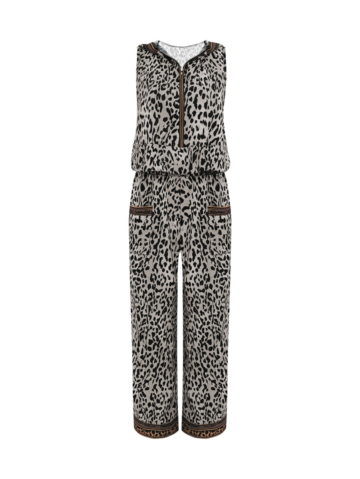 Summer Leopard Print Hooded Sleeveless Vest & Wide-Leg Pants Set With Pockets by Ricaloux