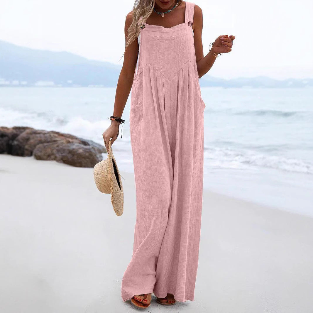 Sleeveless Wide-leg Buttoned Ethnic-style Jumpsuit by Ricaloux