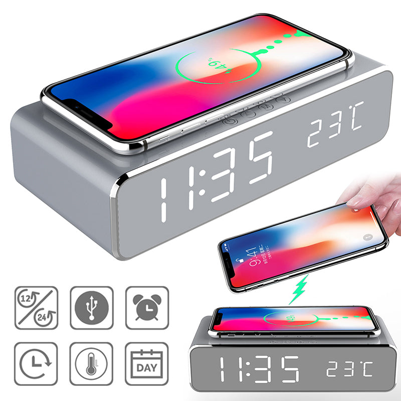 LED Electric Alarm Clock With Wireless Charger Desktop Digital Despertador Thermometer Clock HD Mirror Clock Watch Table Decor – Premium 0 | RICALOUX