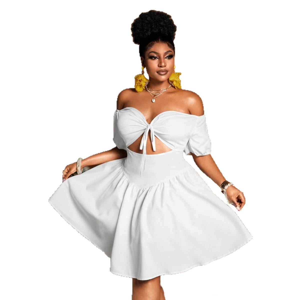 Womens Solid-color Plus-size Off-shoulder Midriff-baring Puff-sleeve Dress by Ricaloux