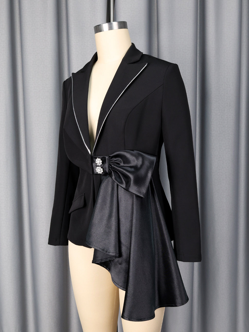 Contrast Satin Bow Rhinestone Trim Fitted Blazer Jacket by Ricaloux