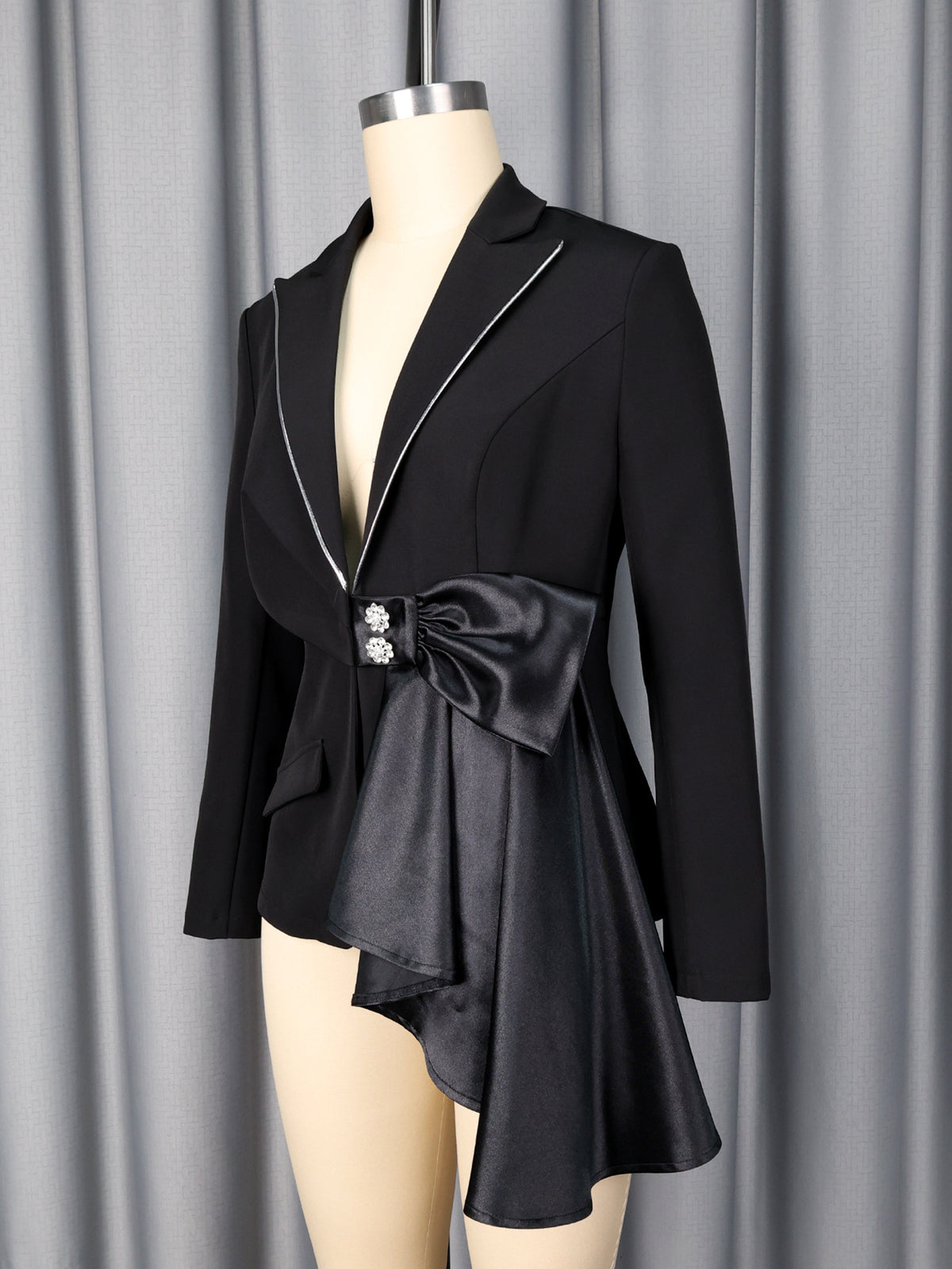 Contrast Satin Bow Rhinestone Trim Fitted Blazer Jacket by Ricaloux