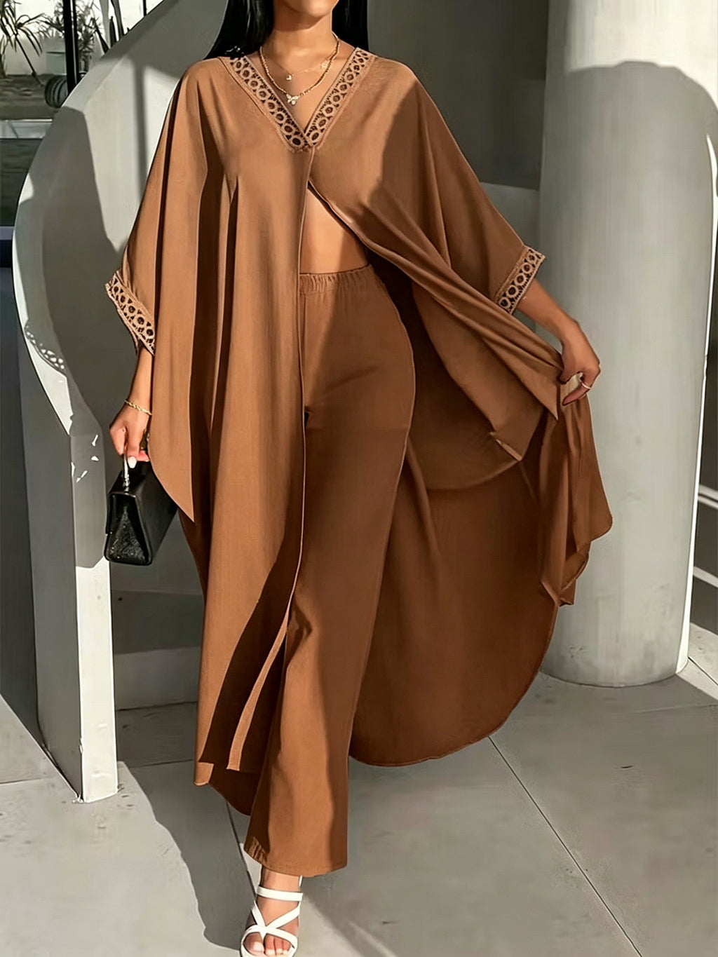 Womens Loose-Fit Batwing-Sleeve Lace V-Neck Coat And Pants Set by Ricaloux