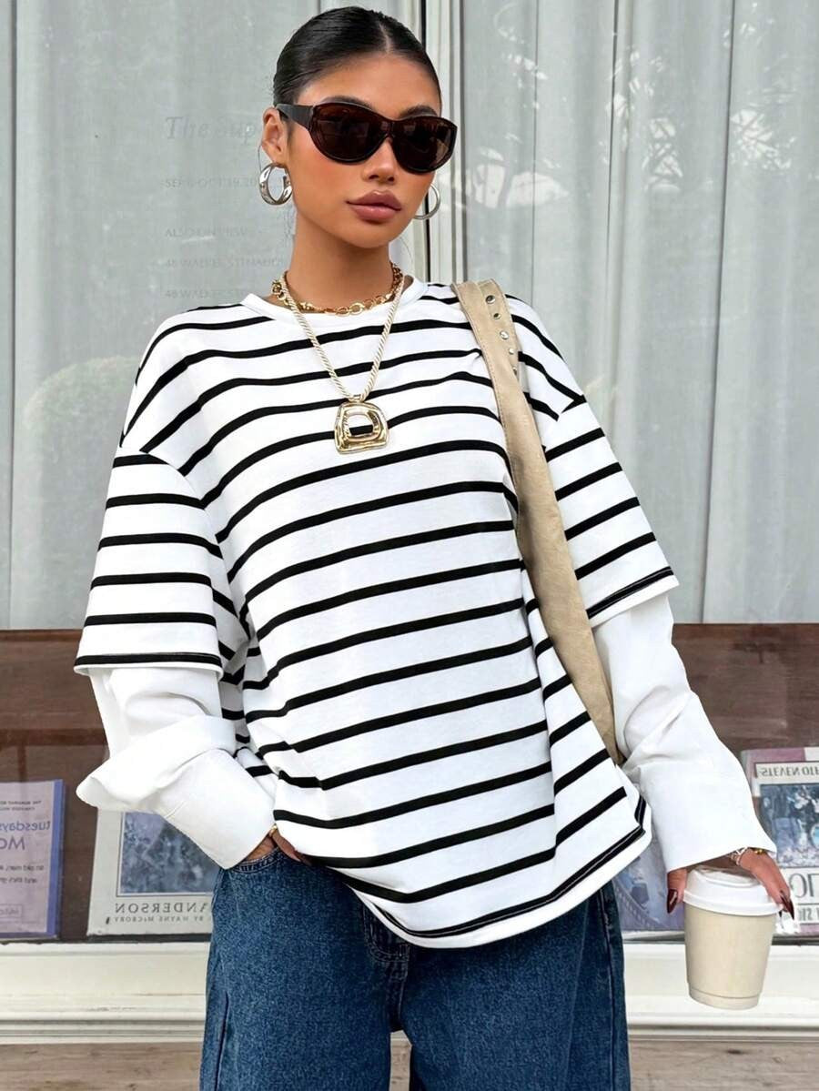 Womens Round-neck Striped Loose-fit Mock Two-piece Hoodie – Premium 0 | RICALOUX