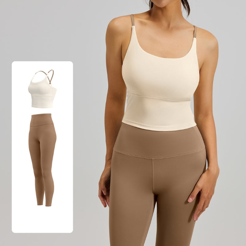 Women's Two-Piece Sports Fitness Outfit With Camisole Top & Long Pants, Color Block Shockproof Yoga Wear For Indoor Training – Premium 4 | RICALOUX