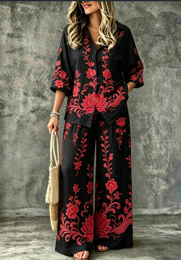 SpringSummer Digital-Print Shirt And Pants Set by Ricaloux