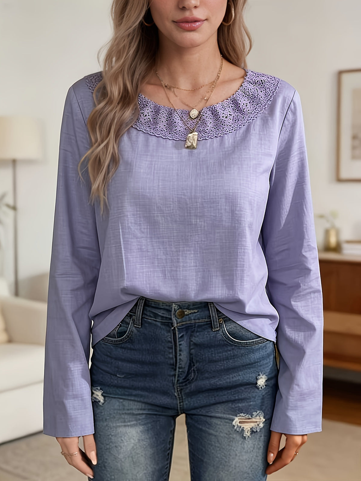 European And American-style Lavender Vintage Lace-trimmed Casual Crew-neck Long-sleeve Top – Premium 0 | RICALOUX