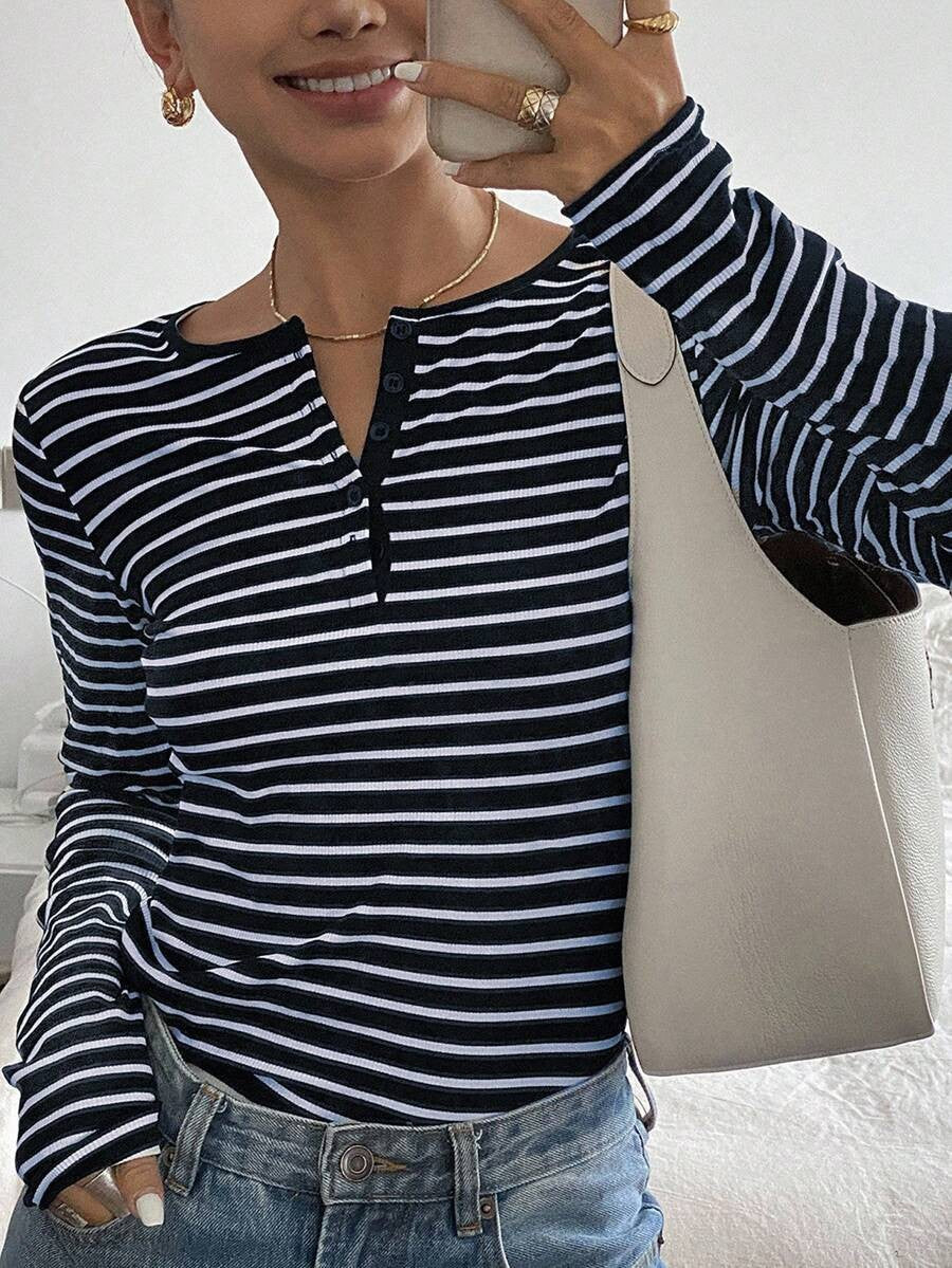 Striped Loose-Fit Long-Sleeve T-Shirt Casual Fashion Top For Women – Premium 0 | RICALOUX
