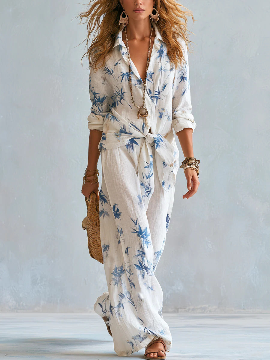 Bohemian Style Belted Resort Style Shirt And Wide Leg Pants Set For Women – Premium 0 | RICALOUX