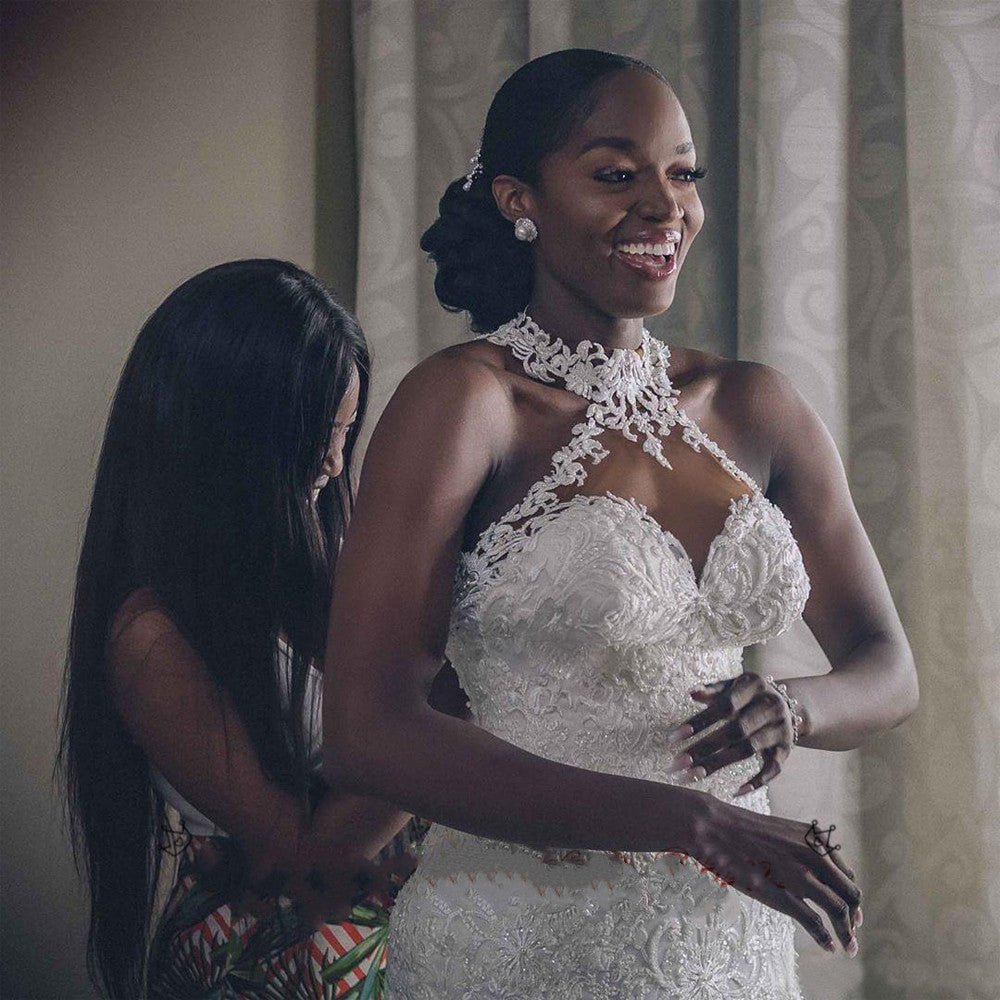 Vintage Lace Beaded Wedding Dresses Sheer Neck Mermaid Bridal Dresses Wedding Gowns - RICALOUX