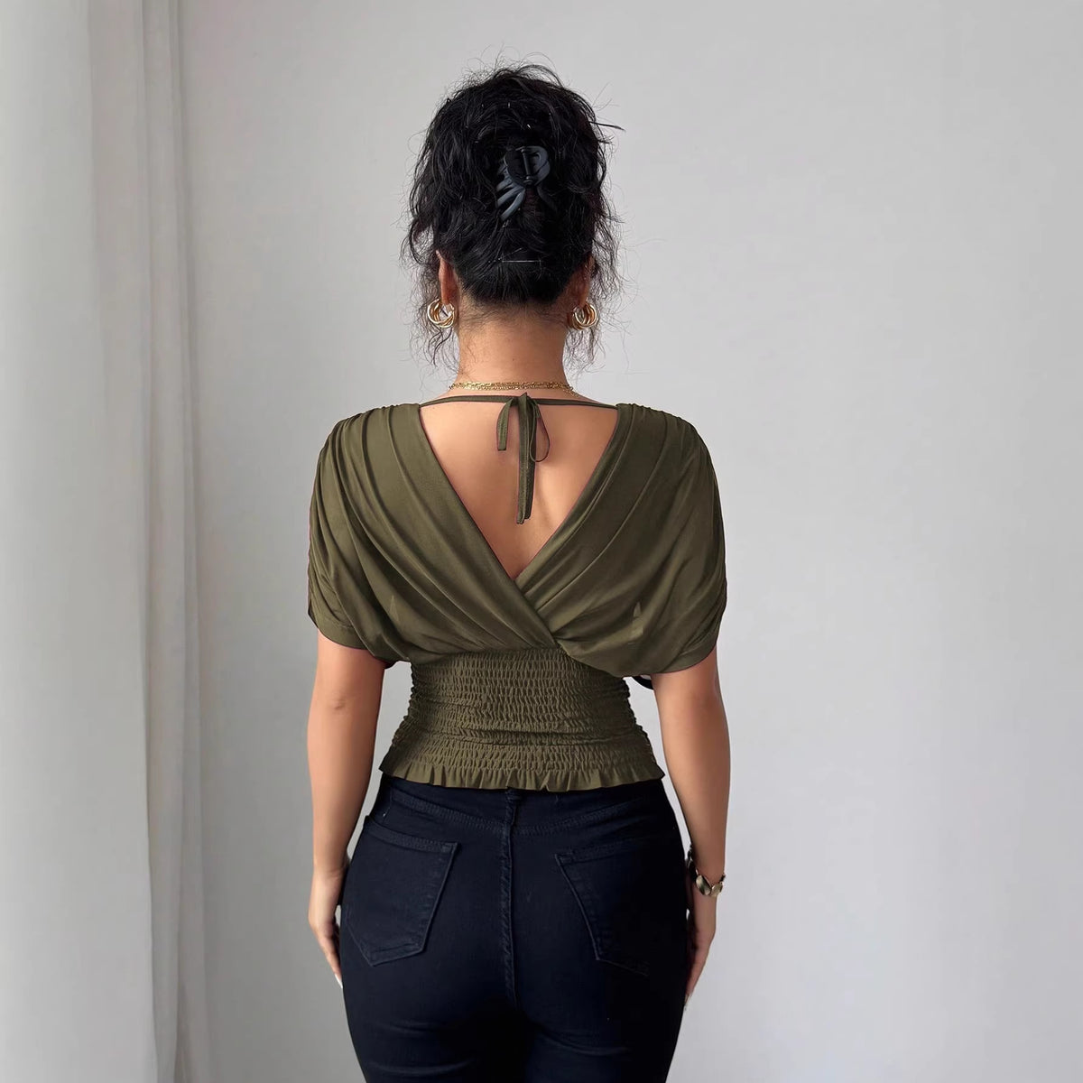 Deep V-neck Small Flying Sleeve Waist Ladies' Top by Ricaloux