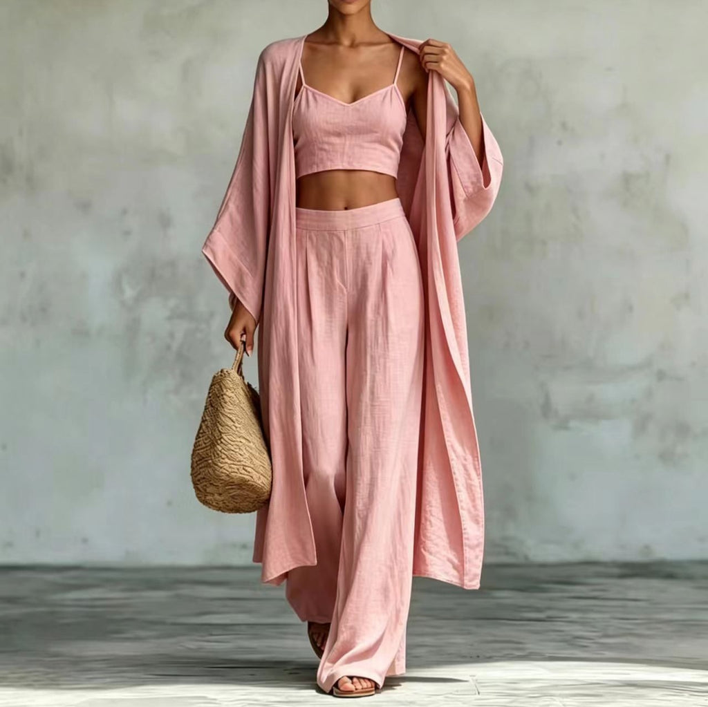 Cardigan Camisole High Waisted Wide Leg Pants Three Piece Set by Ricaloux