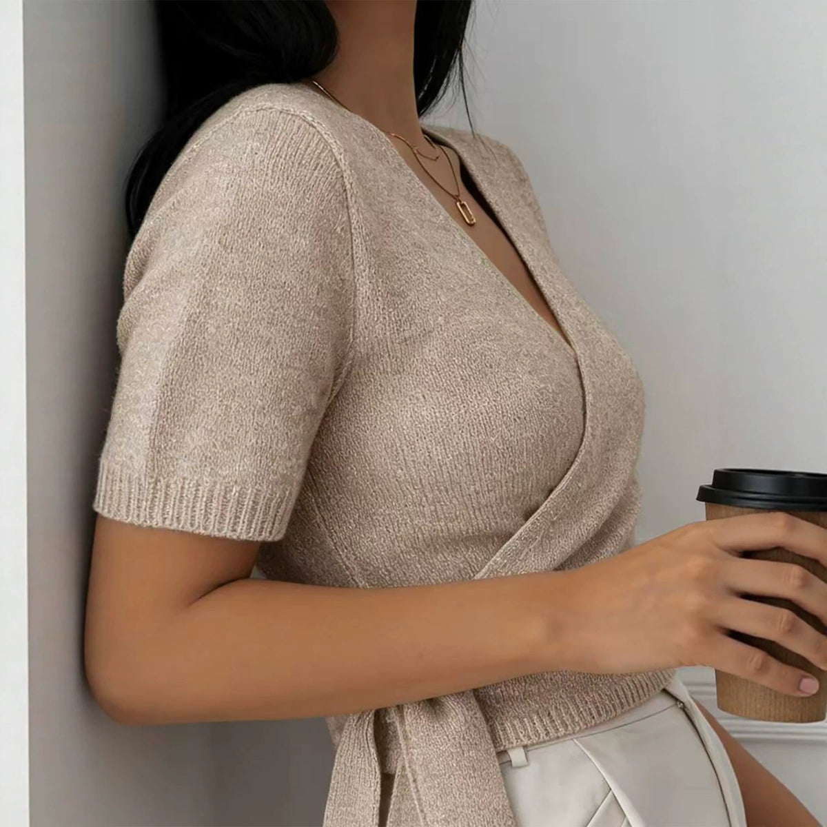 V-neck Knitted Short-sleeve Top With Tie Detail – Premium 0 | RICALOUX
