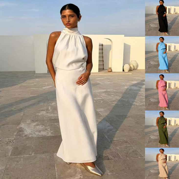 SpringSummer Halterneck Sleeveless Top With Flowing Straps And High-Waisted Fishtail Midi Skirt Set – Premium 0 | RICALOUX