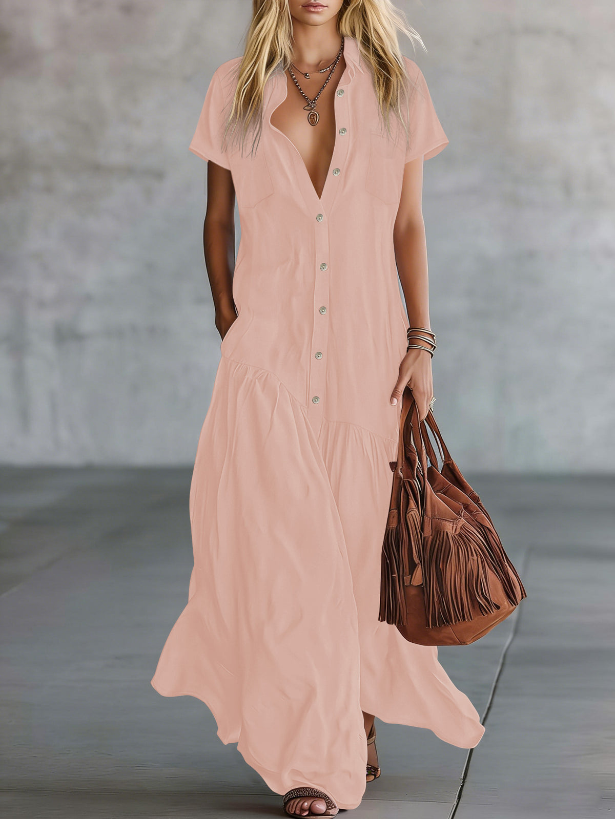 Womens Minimalist Solid-color Lapel Dress With Slanted Ruffled Hem by Ricaloux