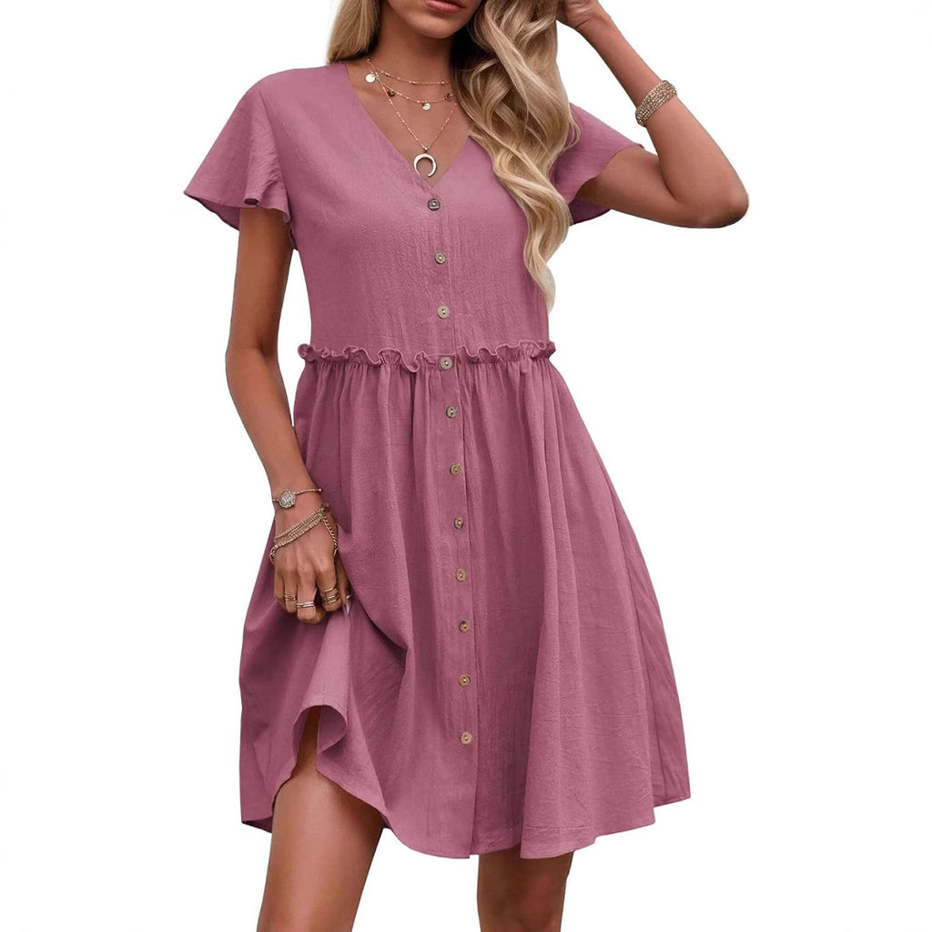 Bohemian-style Vacation V-neck Short-sleeve Ruffled Womens Dress by Ricaloux