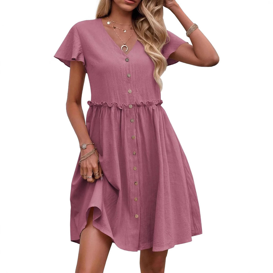 Bohemian-style Vacation V-neck Short-sleeve Ruffled Womens Dress by Ricaloux