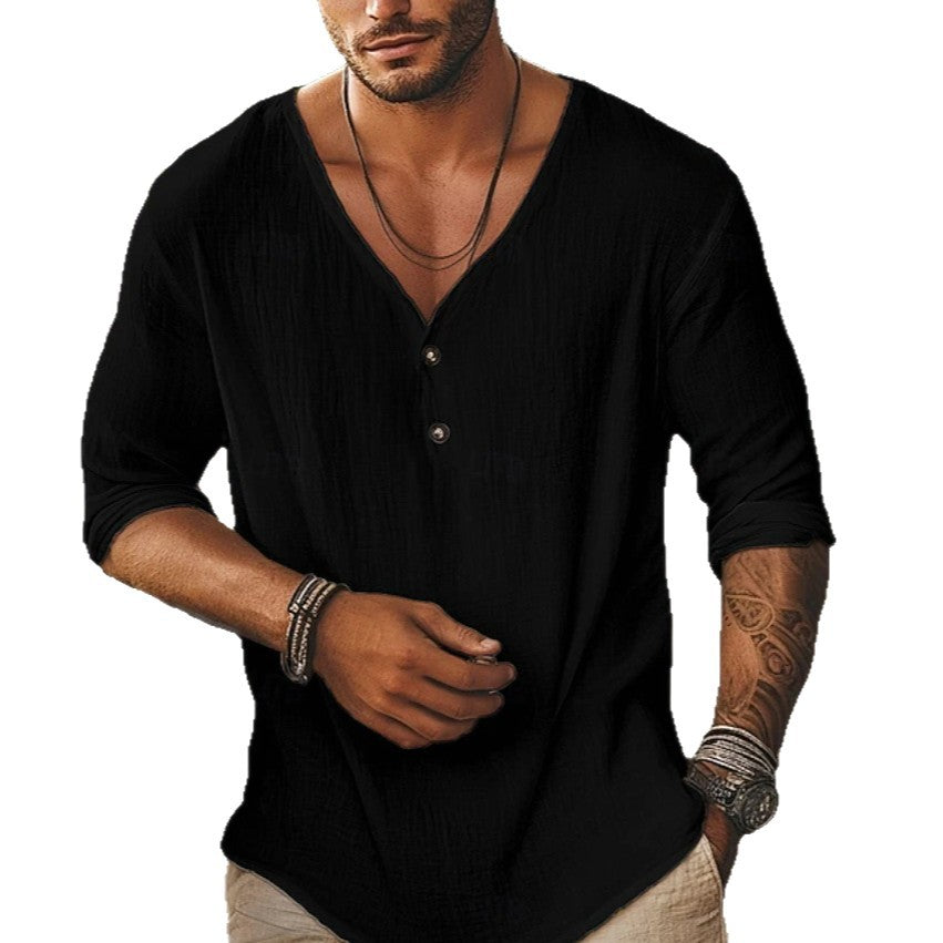 Men's V-neck Lapel Long-sleeve Shirt by Ricaloux