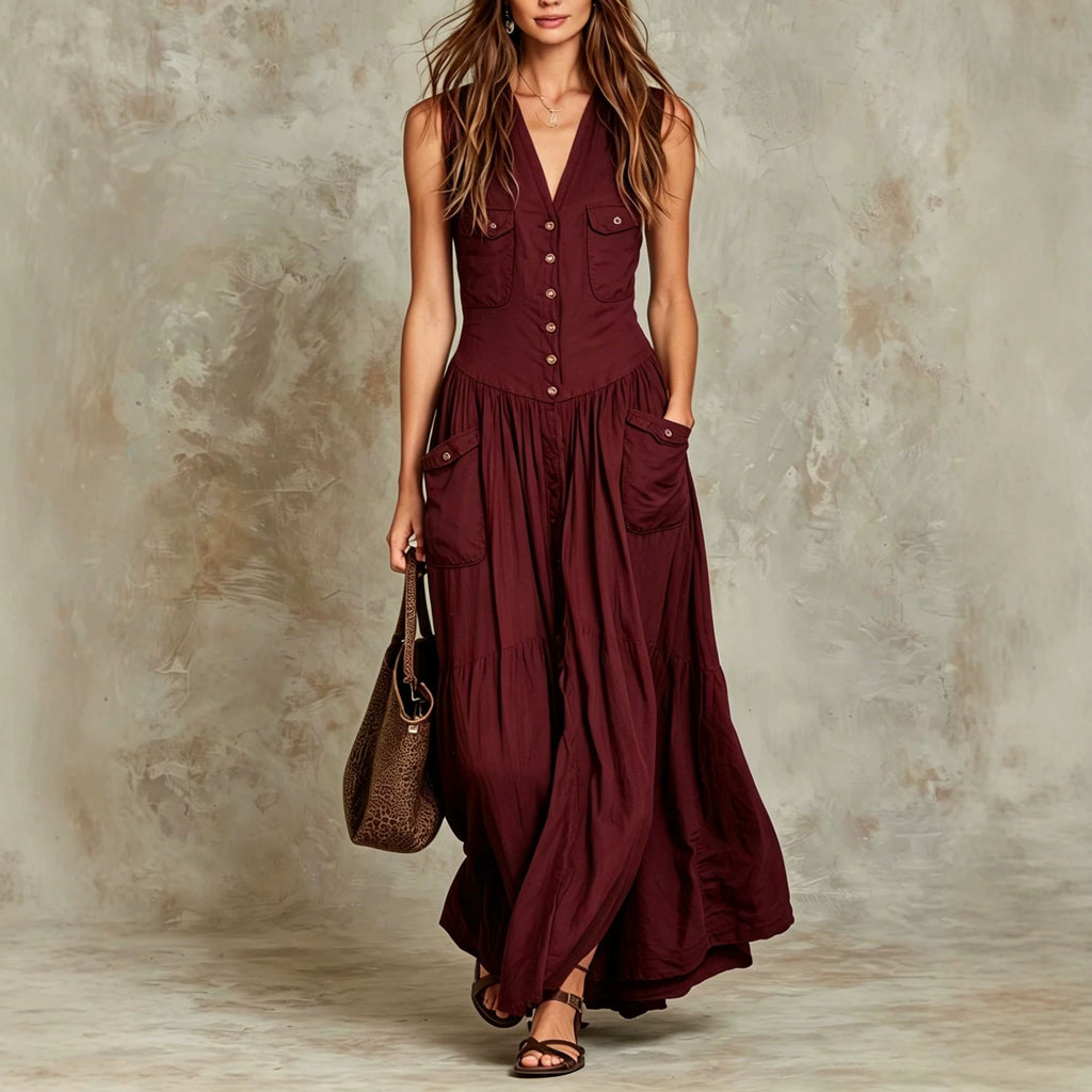 Relaxed-fit Sleeveless Casual V-neck Vintage Dress With Buttons by Ricaloux