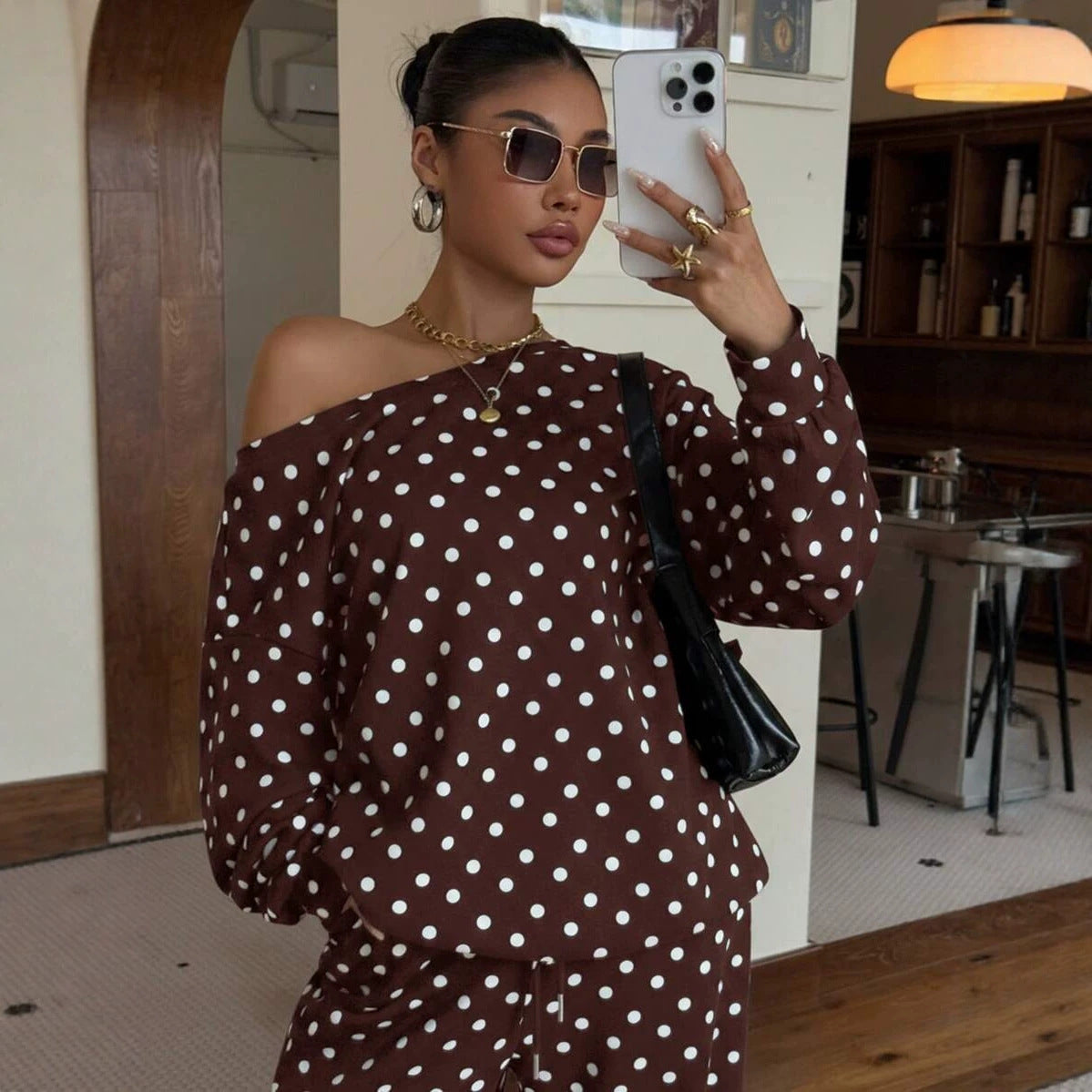 Polka-dot Print Long-sleeve Pants Casual Loose-fitting Set by Ricaloux