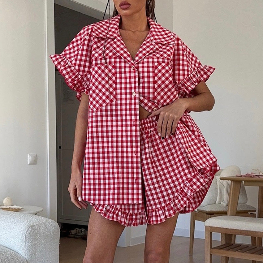 Ruffled Plaid Shirt And High-waisted Shorts Set – Premium 4 | RICALOUX