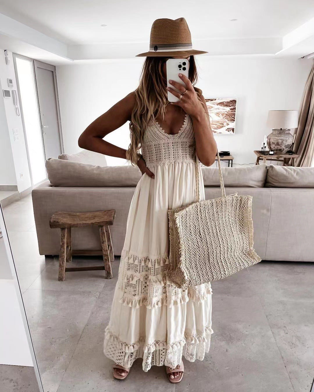 Casual Lace-panel Sleeveless Maxi Dress by Ricaloux