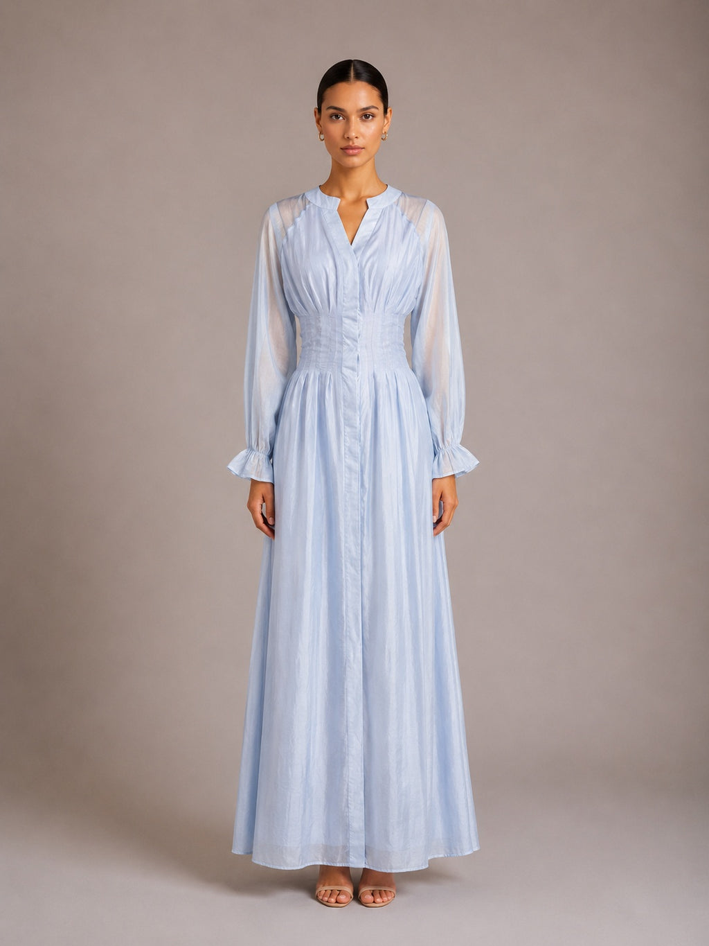 Puff Long Sleeve Gathered Waist Button Front Flowy Dress – Premium 4 | RICALOUX