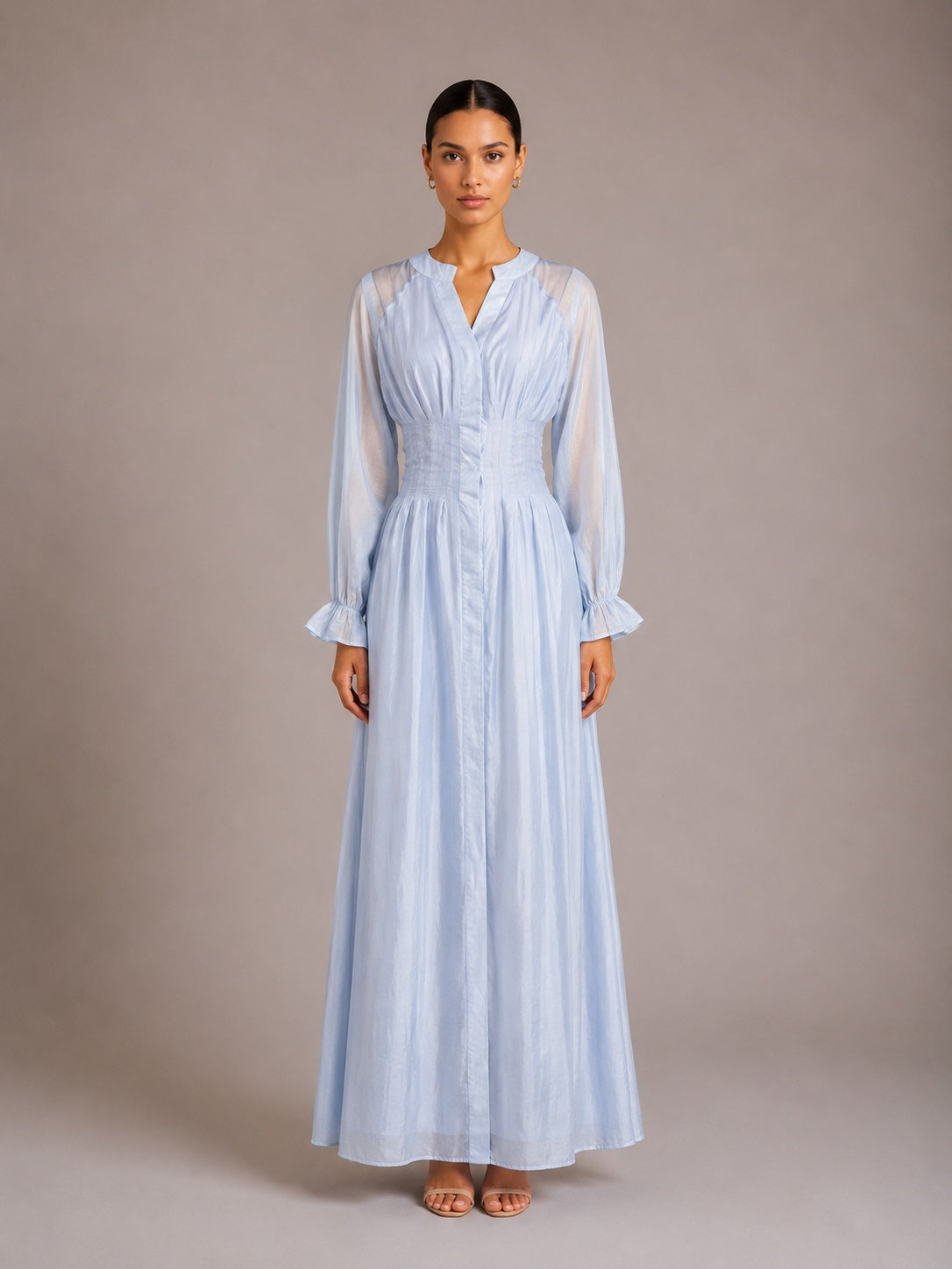 Puff Long Sleeve Gathered Waist Button Front Flowy Dress – Premium 4 | RICALOUX