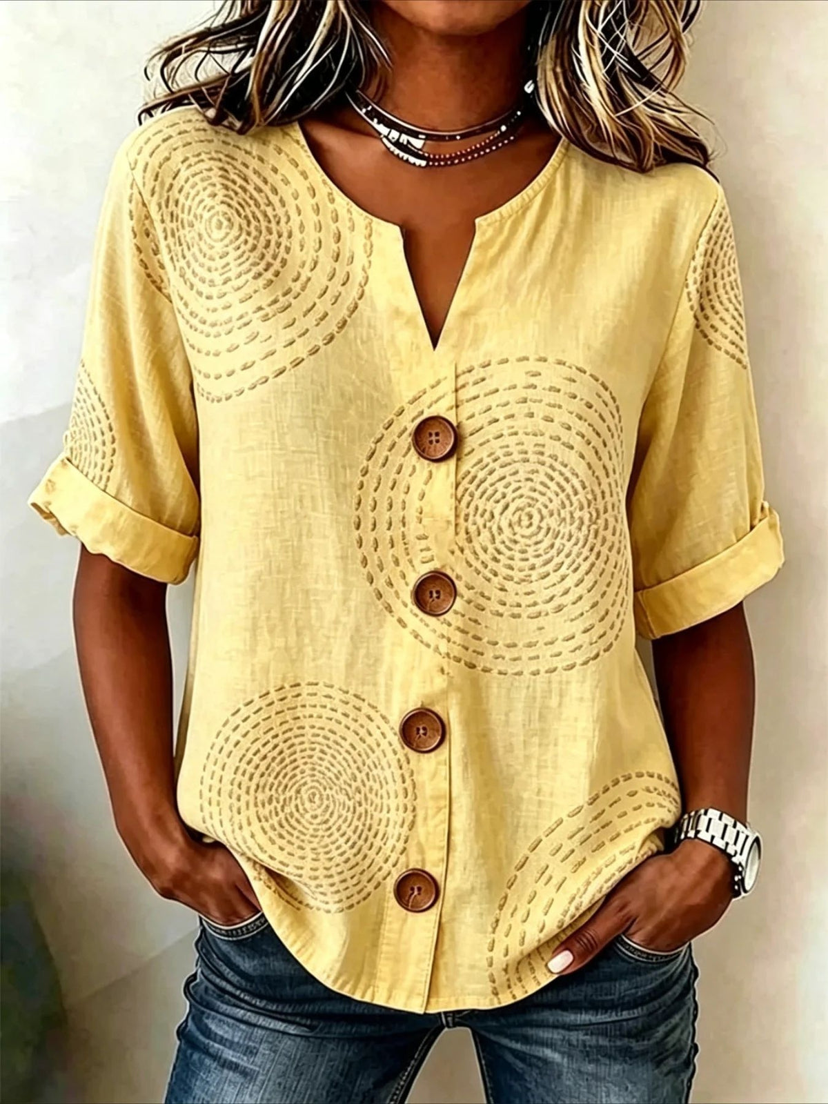 Lantern-sleeve Printed Button-up Womens Blouse by Ricaloux