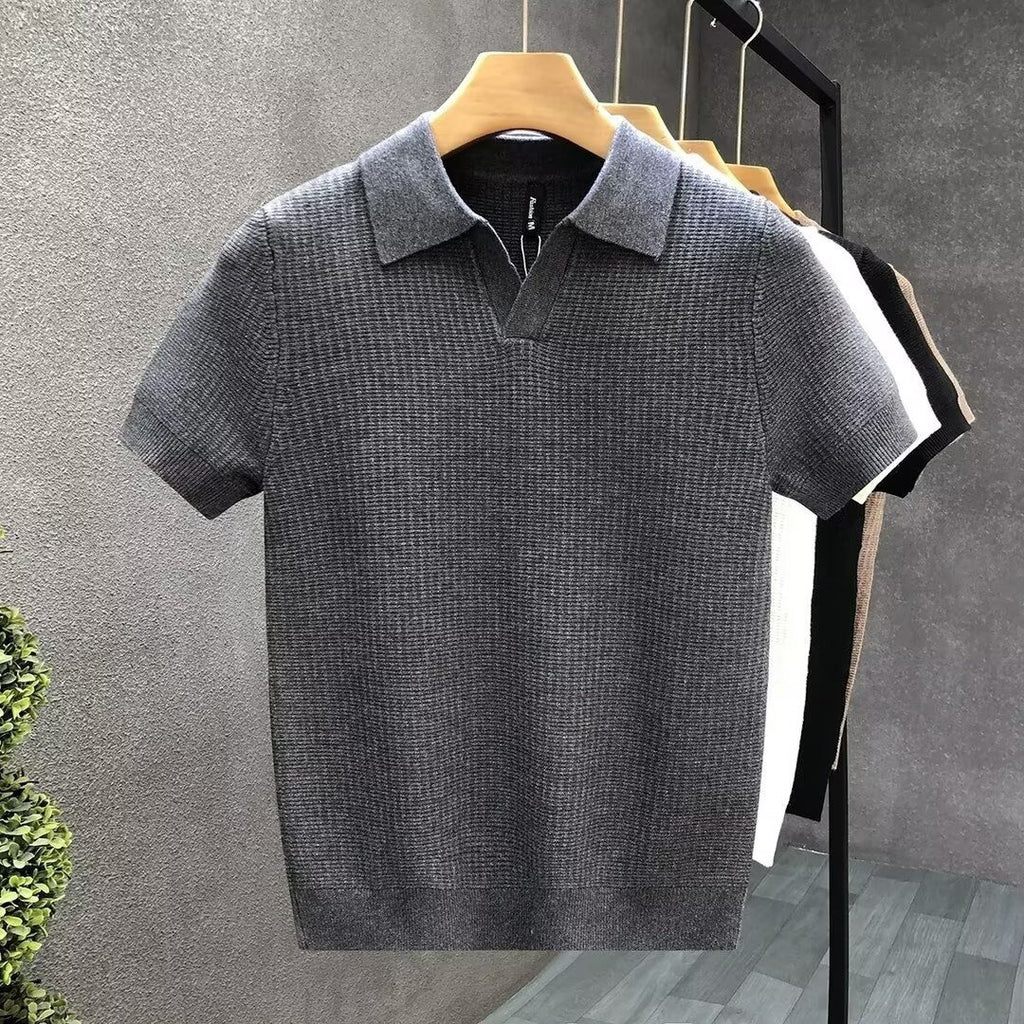 Stylish Slim-Fit Short-Sleeve Lapel Knitted Base Layer Shirt by Ricaloux