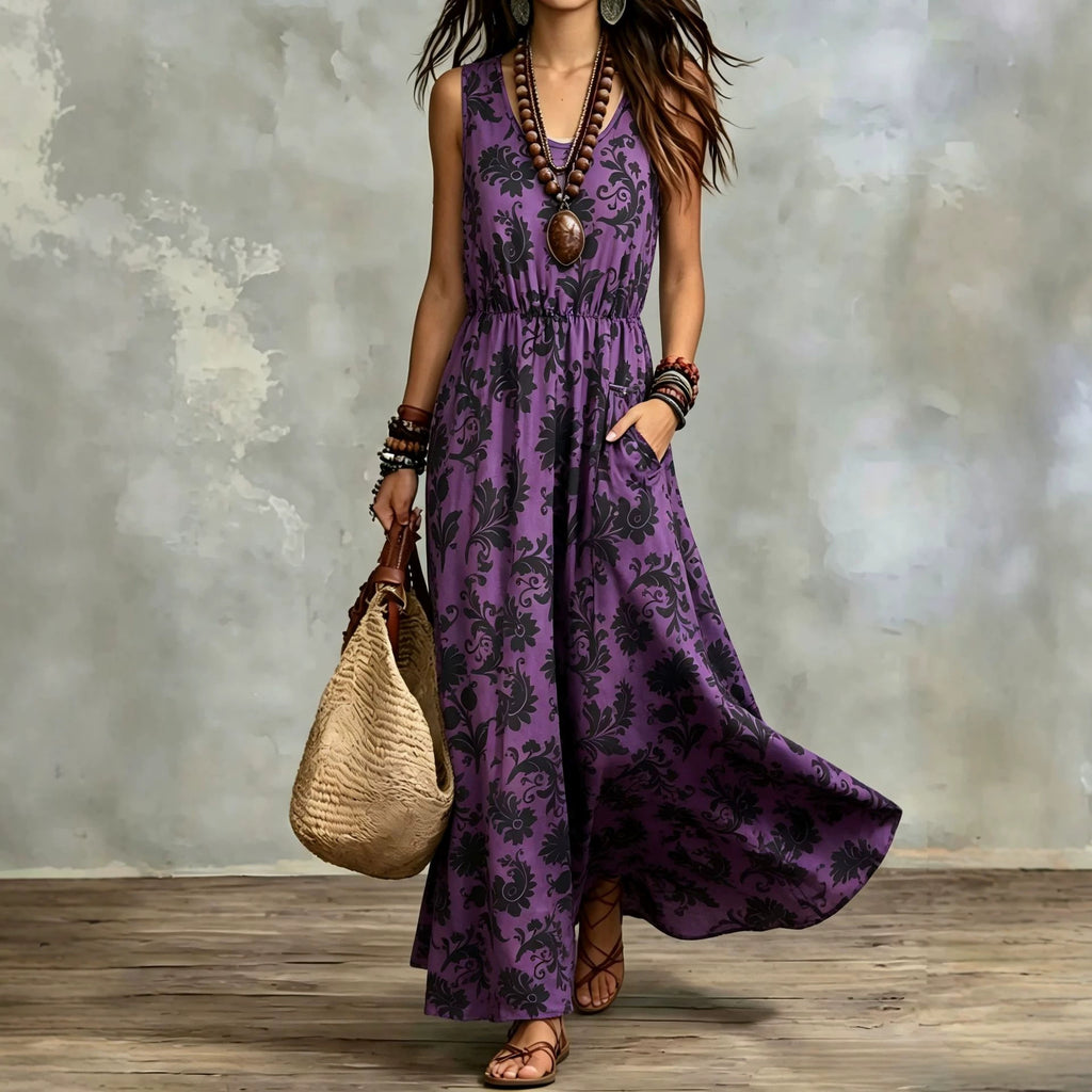 Elegant Sleeveless Printed Long Dress With Pockets by Ricaloux