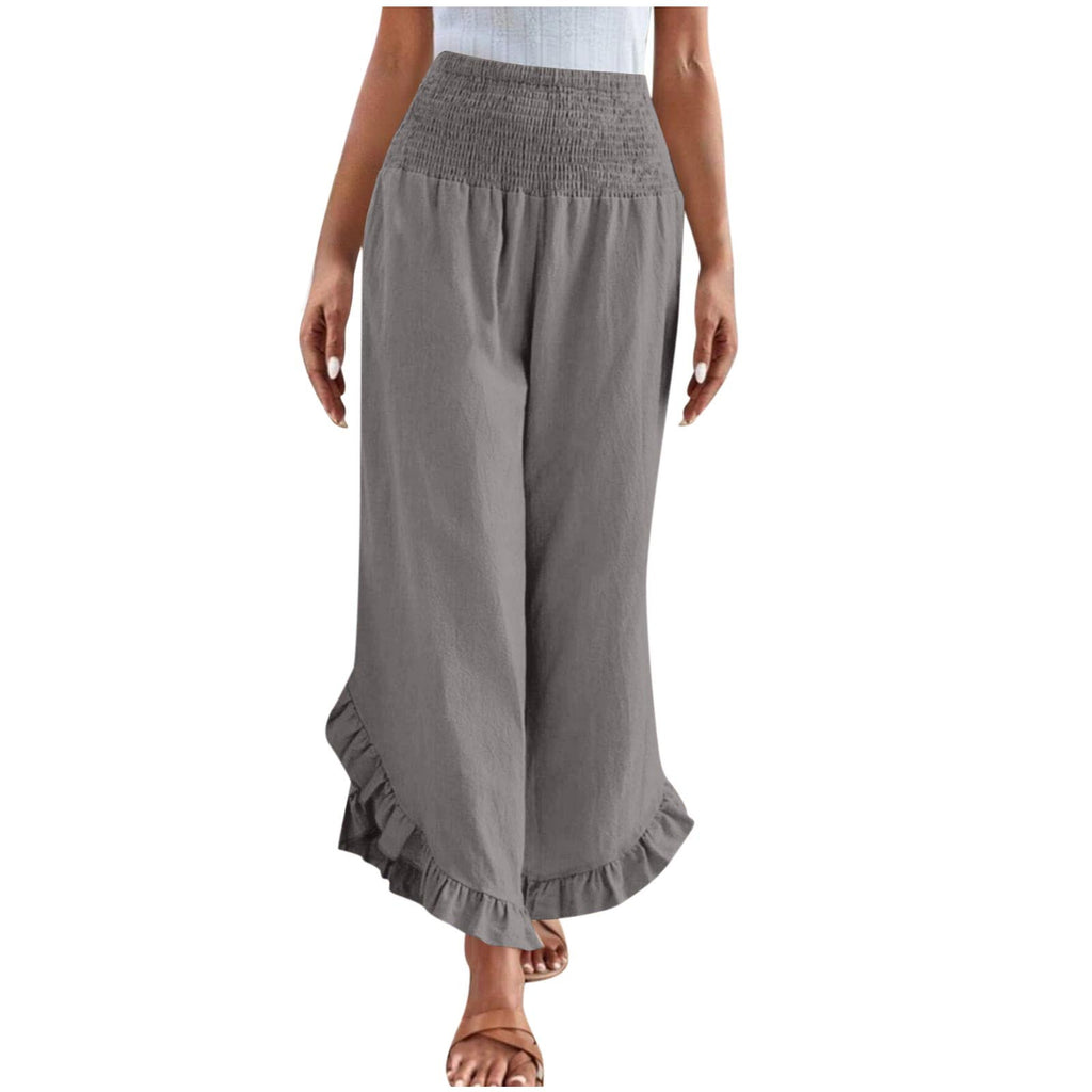 Womens High-waisted Asymmetrical-hem Cotton-linen Relaxed-fit Casual Pants – Premium 0 | RICALOUX